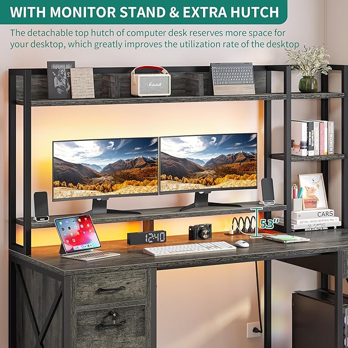 DWVO Computer Desk with Drawers & Hutch, 59.1" Office Desk with Power Outlets & LED Lights, Home Office Desk with Storage Shelves, Grey - LeafyLoom