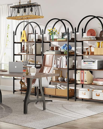 Tribesigns 5-shelf Arched Bookcase Set of 2, Rustic Wood Shelf with Black Metal Frame, Industrial Metal Etagere Open Bookshelf (2, Brown+Black) - LeafyLoom