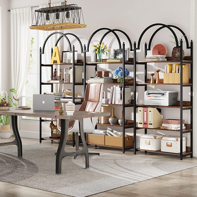 Tribesigns 5-shelf Arched Bookcase Set of 2, Rustic Wood Shelf with Black Metal Frame, Industrial Metal Etagere Open Bookshelf (2, Brown+Black) - LeafyLoom