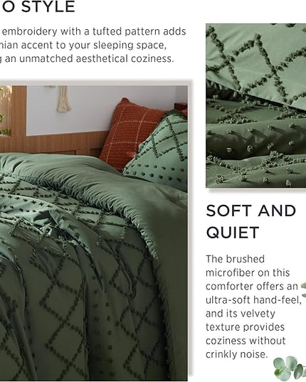 Bedsure Twin/Twin XL Comforter Set - Olive Green Boho Twin Extra Long Comforter Set for College, Shabby Chic Dorm Bedding Set, 2 Pieces Modern Farmhouse Bed Set, includes 1 Pillow Sham - LeafyLoom
