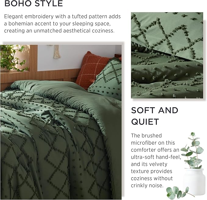 Bedsure Twin/Twin XL Comforter Set - Olive Green Boho Twin Extra Long Comforter Set for College, Shabby Chic Dorm Bedding Set, 2 Pieces Modern Farmhouse Bed Set, includes 1 Pillow Sham - LeafyLoom