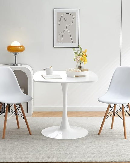 31.5 in White Square Pedestal Tulip Dining Table, Small Space Mid Century Modern Kitchen Table - LeafyLoom