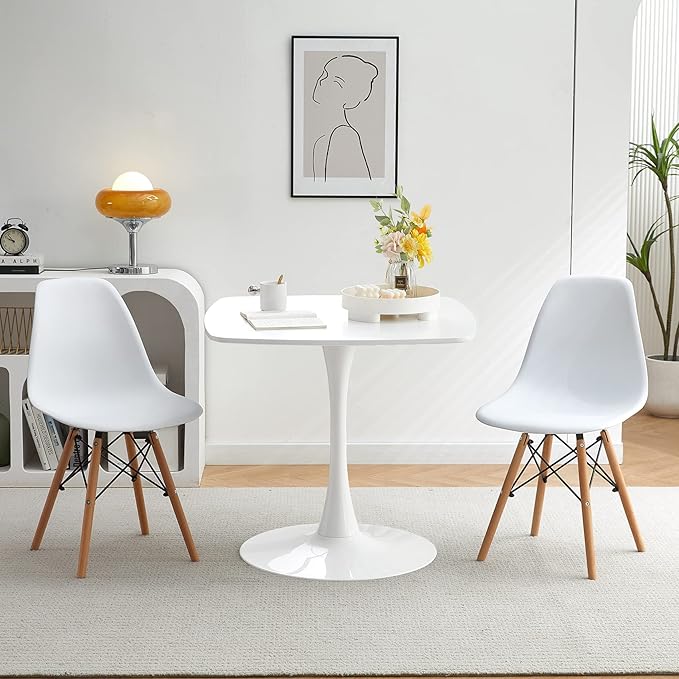 31.5 in White Square Pedestal Tulip Dining Table, Small Space Mid Century Modern Kitchen Table - LeafyLoom