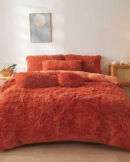 Fluffy Orange Comforter Cover Set Queen - Ultra Soft Plush Burnt Orange Bedding Sets 3 Pieces (1 Faux Fur Duvet Cover + 2 Faux Fur Pillow case) Boho Orange Queen Bed Sets (Dark Orange, Queen) - LeafyLoom