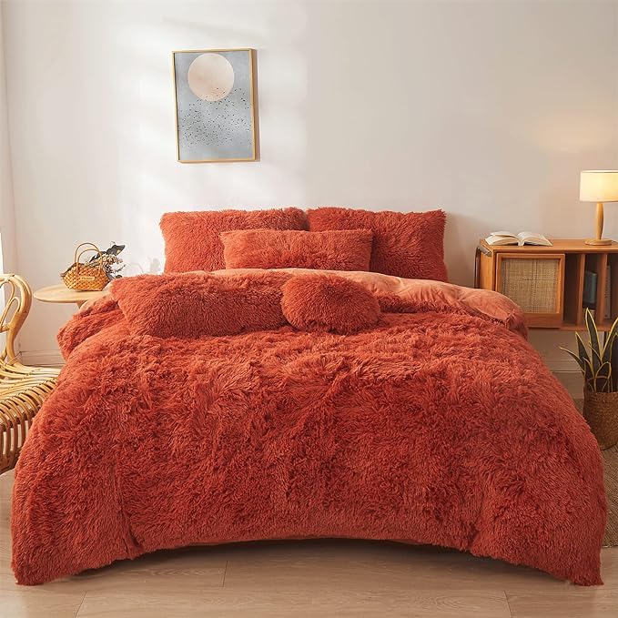 Fluffy Orange Comforter Cover Set Queen - Ultra Soft Plush Burnt Orange Bedding Sets 3 Pieces (1 Faux Fur Duvet Cover + 2 Faux Fur Pillow case) Boho Orange Queen Bed Sets (Dark Orange, Queen) - LeafyLoom