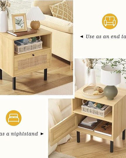 Rattan Nightstands Set of 2, Boho Night Stand with 1 Door, Accent End Table, Wood Bediside Table with Metal Legs&Open Shelf, Natural Wood - LeafyLoom
