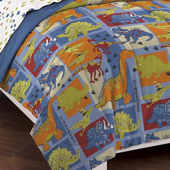Dream Factory Dinosaur Blocks Ultra Soft Microfiber Boys Comforter Set, Blue, Twin - LeafyLoom