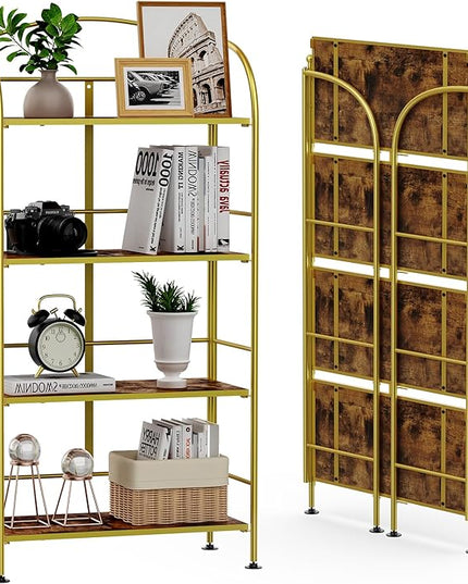 FRAPOW Folding Bookshelf No Assembly, 4 Tier Shelf Gold Collapsible Bookcase, Arched Metal Display Tall Book Shelf with Storage Shelves for Bedroom, Living Room, Home Office - LeafyLoom