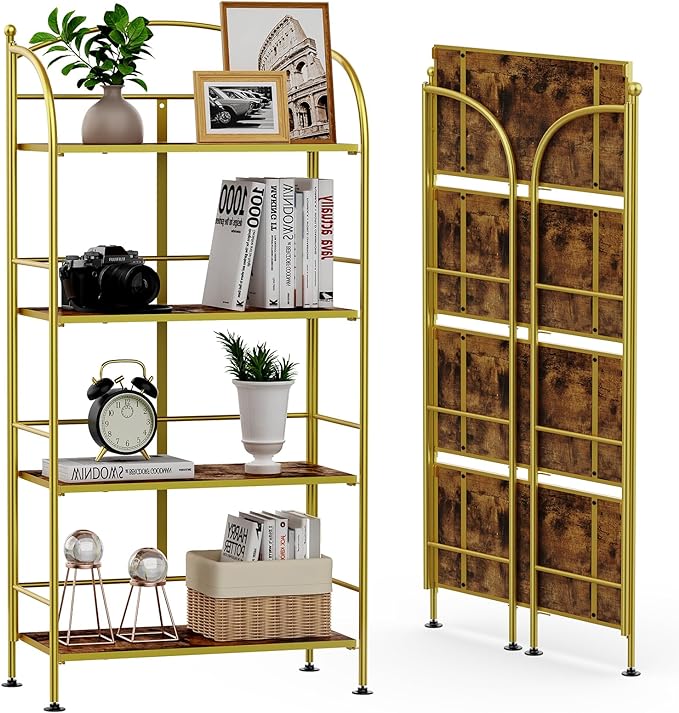 FRAPOW Folding Bookshelf No Assembly, 4 Tier Shelf Gold Collapsible Bookcase, Arched Metal Display Tall Book Shelf with Storage Shelves for Bedroom, Living Room, Home Office - LeafyLoom