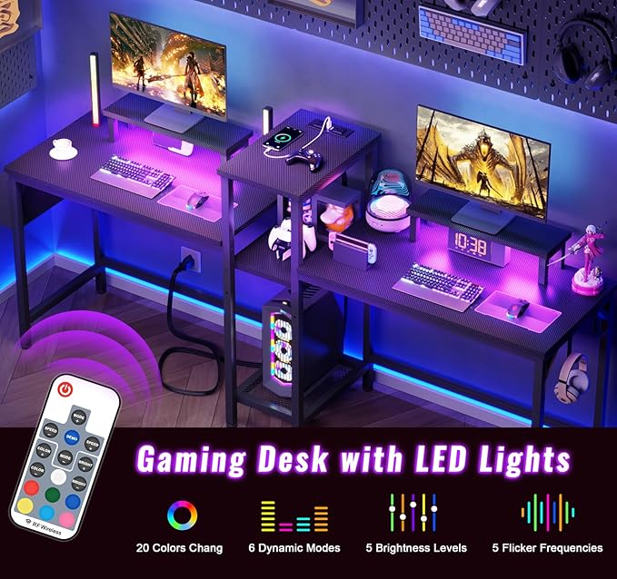 Furologee 71" Gaming Desk with LED Lights, Two Person Computer Desk with Storage Shelves and Monitor Stand, Double Large Office Desk with Cloth Bag and Hooks for Home Office, Black (NO Power Outlets) - LeafyLoom