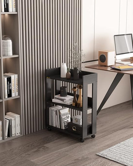 Small Bookshelf and Bookcase, 3 Tier Wood Nightstand with Wheels, Modern Bedside End Table with Storage Rack for Bedroom, Library, Living Room, Home, Office Cart, Black - LeafyLoom