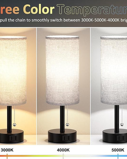 Grey Bedside Table Lamps Set of 2-3 Color Temperatures Pull Chain Lamp with AC Outlet Charging Port, Two Round Night Stand Lamps for Bedroom Office, Small Bed Side Light with E26 LED Bulbs - LeafyLoom