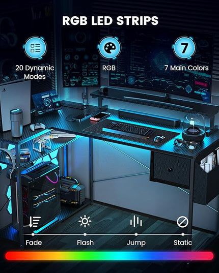 L Shaped Gaming Desk, 55 Inch Computer Desk with Adjustable Stand & RGB Lights, Corner Desk for Power Outlet, Carbon Fiber Texture, Gaming Room - LeafyLoom