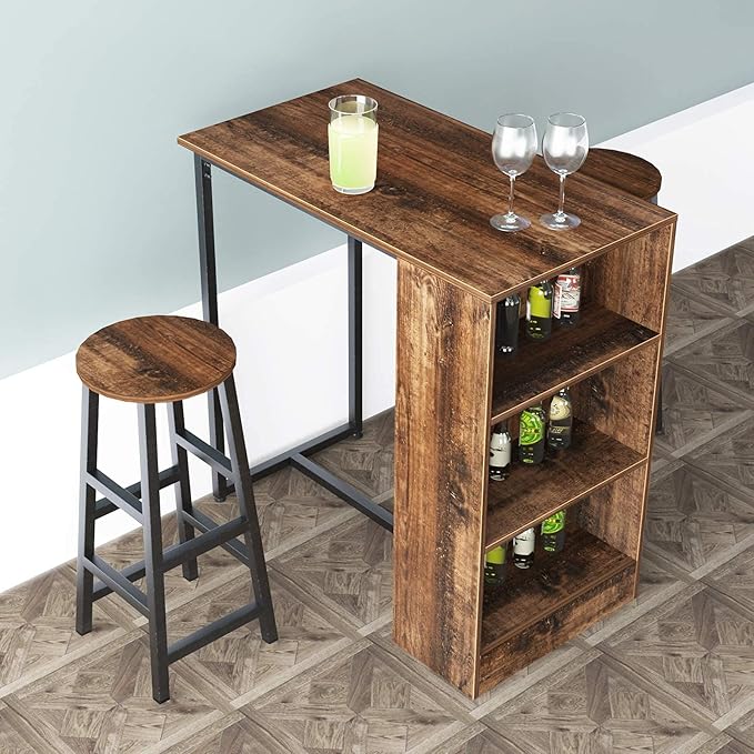 sogesfurniture 3-Piece Bar Table Set, 35.8inches Dining Room Set Dining Table with 2 Stool, Dining Table with 3 Open Storage Shelves, Brown BHUS-DX- Z813FG - LeafyLoom