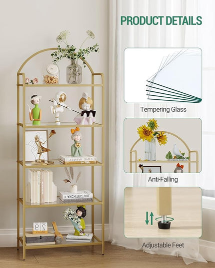 Bookcase Bookshelf, Tempered Glass Bookshelves, Slim Shelving Unit for Bedroom, Bathroom, Home Office, Steel Frame, 5 Tier Gold BC21599G - LeafyLoom