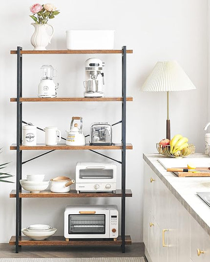 HCHQHS Bookshelf, 5-Tier Industrial Bookcase, Rustic Open Book Shelf, Freestanding Tall Bookshelves with Metal Frame - LeafyLoom