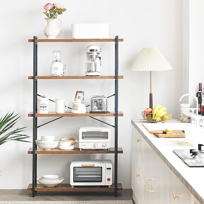 HCHQHS Bookshelf, 5-Tier Industrial Bookcase, Rustic Open Book Shelf, Freestanding Tall Bookshelves with Metal Frame - LeafyLoom