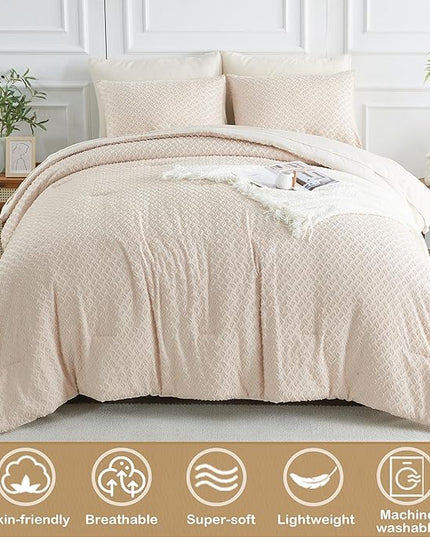 Twin Size Tufted Kids Comforter Set 6 Piece Beige Jacquard Tufts Embroidery Bedding Set for Boys Girls Bed in A Bag Quilt with 1 Comforter, 1 Flat Sheet, 1 Fitted Sheet, 1 Pillowcase and 2 Pillow Sham - LeafyLoom