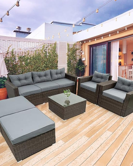 6-Piece Outdoor Rattan Patio Furniture Set, Wicker Sectional Sofa with Removeable Cushions and Tempered Glass Table Top, Conversation Couch for Garden Yark Lawn Backyard, Onesize, Brown - LeafyLoom