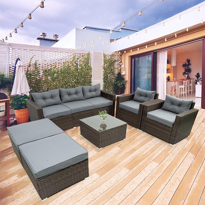 6-Piece Outdoor Rattan Patio Furniture Set, Wicker Sectional Sofa with Removeable Cushions and Tempered Glass Table Top, Conversation Couch for Garden Yark Lawn Backyard, Onesize, Brown - LeafyLoom