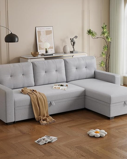 82'' L Shape Sectional Sleeper Sofa with Pull Storage Chaise,Upholstered Convertible Corner Couch Bed W/ 3 Removable Back Cushions and Armrest for Living Room,Office,Light Grey, 82" - LeafyLoom