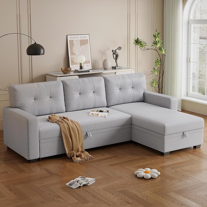 82'' L Shape Sectional Sleeper Sofa with Pull Storage Chaise,Upholstered Convertible Corner Couch Bed W/ 3 Removable Back Cushions and Armrest for Living Room,Office,Light Grey, 82" - LeafyLoom