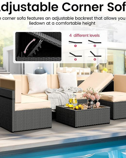 Pamapic Outdoor Rattan Sectional Sofa Conversation Set,7 Pieces Patio Furniture with Tea Table and Washable Cushions, Cream - LeafyLoom