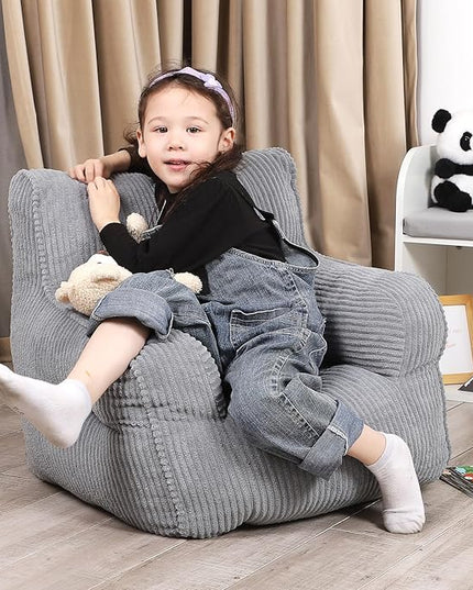 Kids Bean Bag Chair with a Plush Bear, Comfy Toddler Chair for Boys and Girls, Grey - LeafyLoom