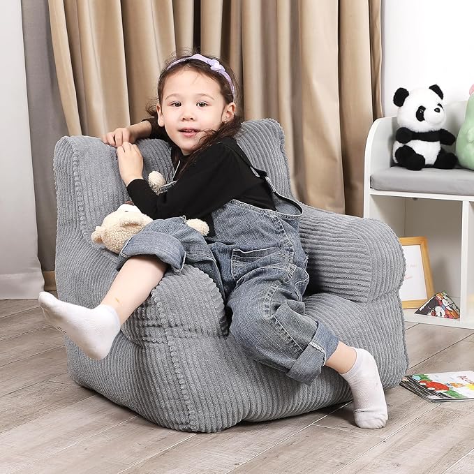 Kids Bean Bag Chair with a Plush Bear, Comfy Toddler Chair for Boys and Girls, Grey - LeafyLoom