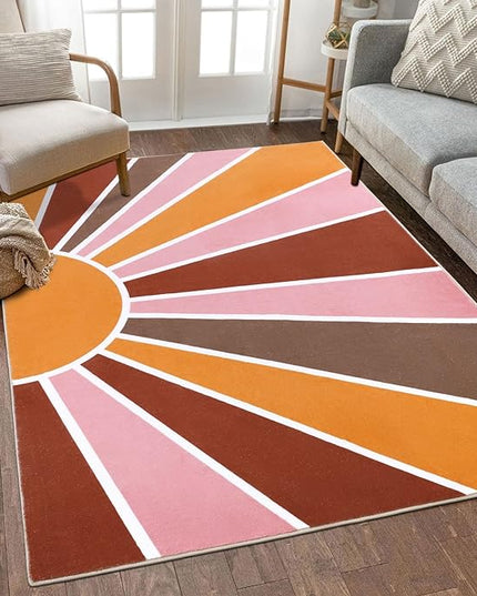 Topotdor Sun Rainbow Area Rug 4 x 6ft Boho Kids Nursery Rug, Colorful Washable Area Rug Ultra Soft Circle Classroom Rug Non-Slip for Bedroom Living Room Playroom Decor, Pink - LeafyLoom