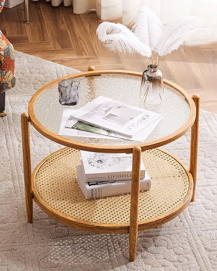VINGLI 25.6" Rattan Coffee Table, Round Water-wave Glass Metal Center Table, Modern Coffee Table with 2-Tier Storage, Farmhouse Circular Coffee table for Living Room and Small Space, Natural Vibe - LeafyLoom