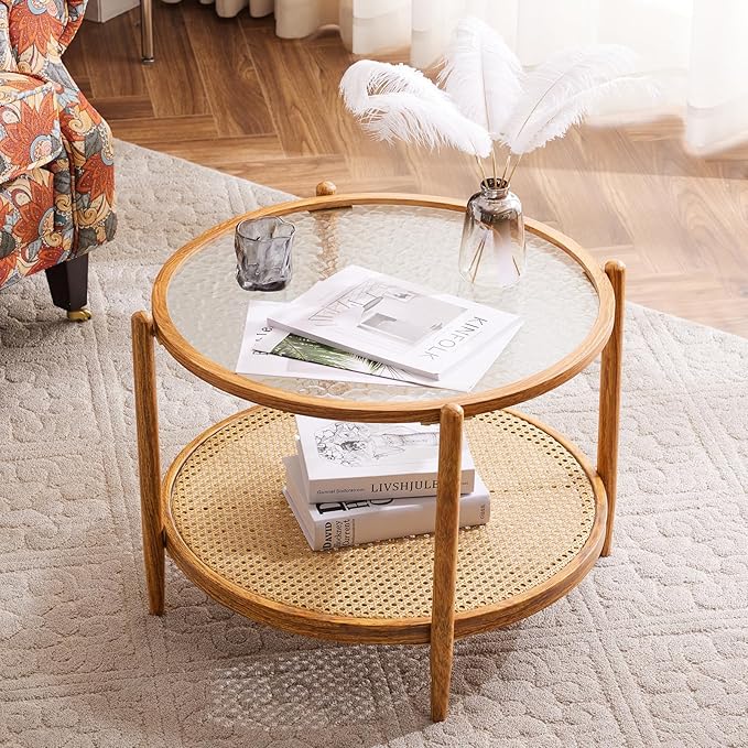 VINGLI 25.6" Rattan Coffee Table, Round Water-wave Glass Metal Center Table, Modern Coffee Table with 2-Tier Storage, Farmhouse Circular Coffee table for Living Room and Small Space, Natural Vibe - LeafyLoom