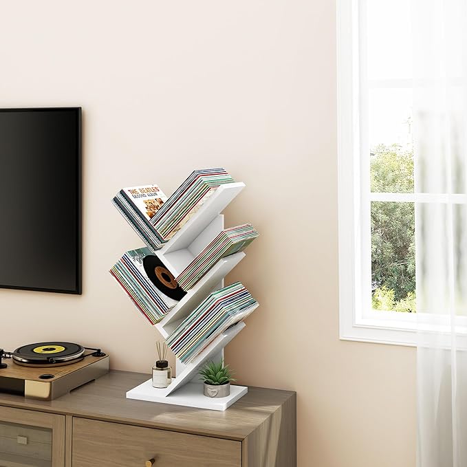 Hoctieon 4 Tier Tree Bookshelf, Small Bookcase, Free Standing Tree Bookcase, Bookshelf for Bedroom, Book Shelf Organizer, Small Bookshelf, White - LeafyLoom