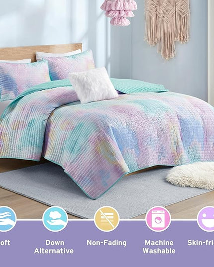 Intelligent Design Queen Quilt Set Boho Quilt Set, Watercolor Tie-Dye Coverlet Set, Casual & Trendy Quilted Lightweight Bedspread, All Season Bed Set, Shams, Cassiopeia, Full/Queen, Pink/Blue 4 Piece - LeafyLoom