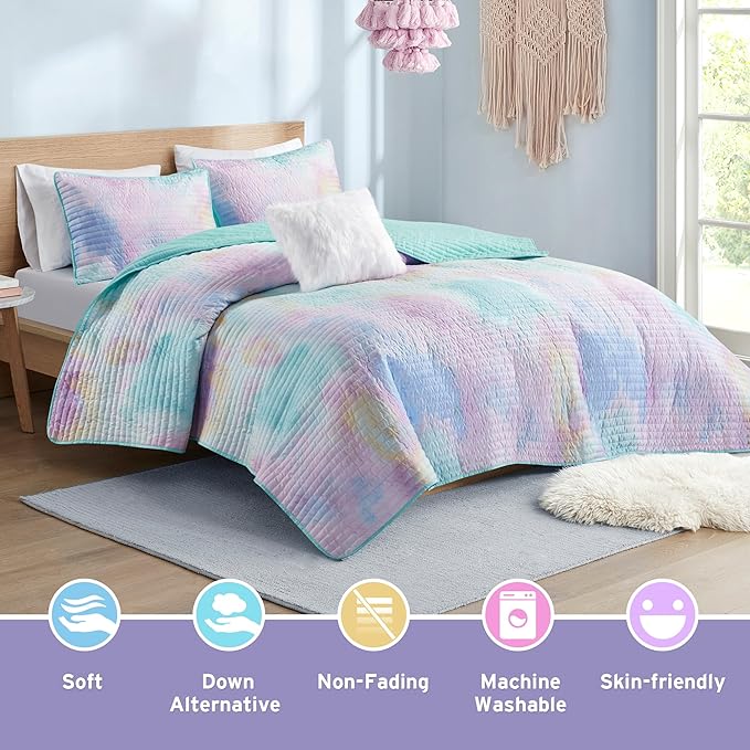 Intelligent Design Twin Quilt Set Boho Quilt Set, Watercolor Tie-Dye Coverlet Set, Casual & Trendy Quilted Lightweight Bedspread, All Season Bed Set, Sham, Cassiopeia, Twin/Twin XL, Pink/Blue 3 Piece - LeafyLoom