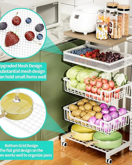HapiRm Fruit Basket Vegetable Basket - 5 Tier Adjustable Kitchen Storage Cart, Wooden Top Table Fruit and Vegetable Car Snack Cart with Wheels, Metal Mesh and Wire Storage Basket for Onions Potatoes - LeafyLoom