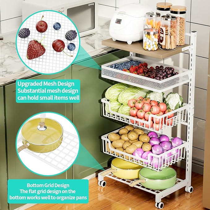 HapiRm Fruit Basket Vegetable Basket - 5 Tier Adjustable Kitchen Storage Cart, Wooden Top Table Fruit and Vegetable Car Snack Cart with Wheels, Metal Mesh and Wire Storage Basket for Onions Potatoes - LeafyLoom