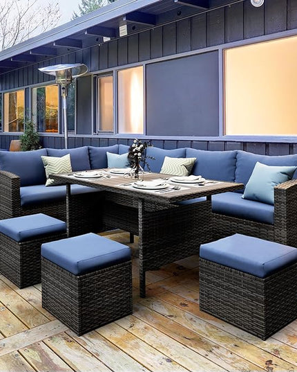 Solaste 7 Piece Outdoor Patio Furniture Set, Outdoor Sectional PE Rattan Patio Conversation Sofa with All Weather Dining Table Chair Set, Blue - LeafyLoom