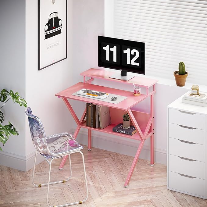 ODK Small Desk, 27.5 Inch Small Computer Desk for Small Spaces, Compact Desk with Storage, Tiny Desk Study Desk with Monitor Stand for Home Office, Pink - LeafyLoom