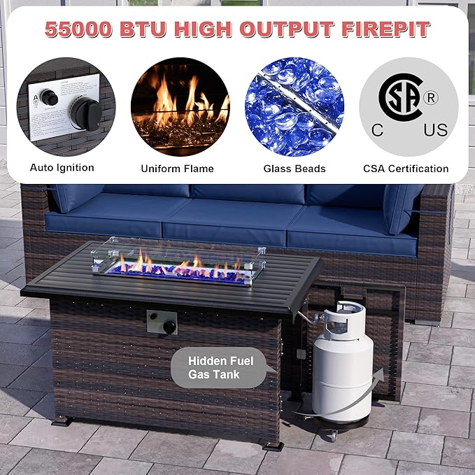 Patio Furniture Sectional Sofa 10PCS PE Rattan Patio Conversation Set w/43in Gas Fire Pit Table, Patio Outdoor Furniture with 55000 BTU Propane Fire Pit, Navy Blue - LeafyLoom