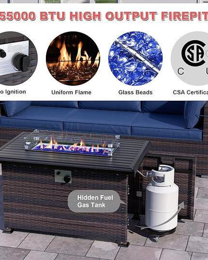 Patio Furniture Sectional Sofa Set 13PCS PE Rattan Swivel Rocking Chairs Patio Conversation Set w/43in Gas Fire Pit Table, Outdoor Furniture with 55000 BTU Propane Fire Pit, Navy Blue - LeafyLoom