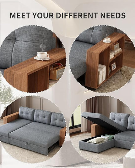 84" Pull Chaise,Sectional Couch Bed,Convertible Sleeper, L Shaped Sofa with Wooden Storage Handrail for Living Room,Apartment,Office,Light Grey - LeafyLoom