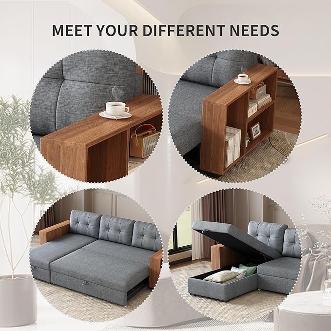 Convertible Sectional Couch with Pull Out Bed and Storage Chaise,L Shaped Sleeper Sofa W/Storage Cabinet Armrests & Removable Back Cushions,Living Room Furniture,for Home,Office,Light Grey,84" - LeafyLoom