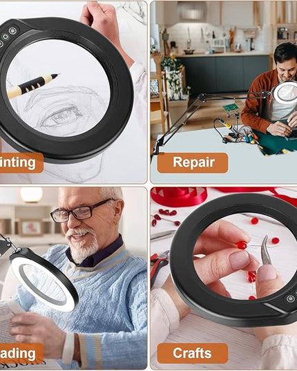 VEEMAGNI 5 Inch Large Magnifying Glass with Light and Stand, 5 Color Modes Stepless Dimmable, 2*16 Inch Swivel Arm LED Clamp Desk Lamp, Hands Free 8X Lighted Magnifier for Close Work Crafts Soldering - LeafyLoom