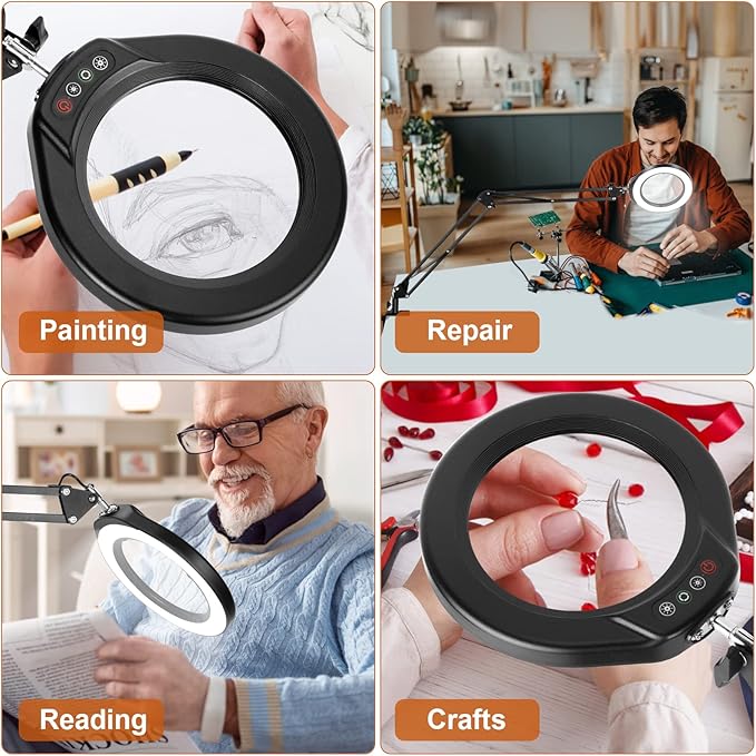 VEEMAGNI 5 Inch Large Magnifying Glass with Light and Stand, 5 Color Modes Stepless Dimmable, 2*16 Inch Swivel Arm LED Clamp Desk Lamp, Hands Free 8X Lighted Magnifier for Close Work Crafts Soldering - LeafyLoom