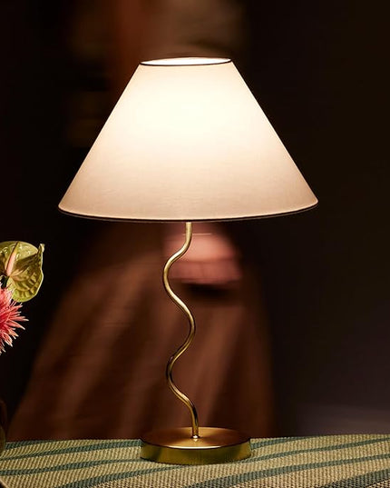 Brightech Squiggle Desk Lamp – Tall LED Table Lamp for Bedroom, Living Room, Office – Boho Mid-Century Modern Bedside Table Lamp with A-Line Open Shade and LED Bulb – Gold/Antique Brass - LeafyLoom
