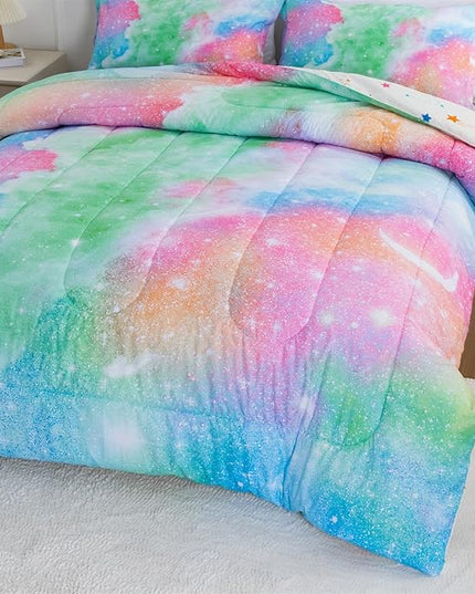 A Nice Night Galaxy Bedding Sets Outer Space Comforter 3D Printed Space Quilt Set Twin Size Glitter Pink Green Color,for Children Boy Girl Teen Kids - LeafyLoom