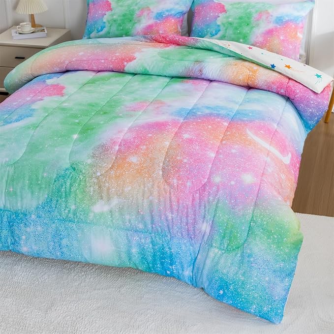 A Nice Night Galaxy Bedding Sets Outer Space Comforter 3D Printed Space Quilt Set Twin Size Glitter Pink Green Color,for Children Boy Girl Teen Kids - LeafyLoom