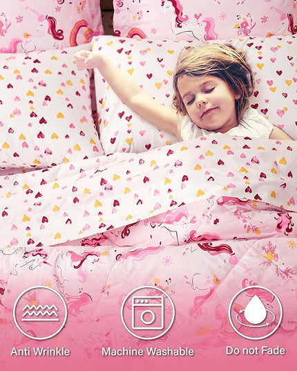 Twin Unicorn Kids Bedding Set for Girls, 5 Pieces Super Soft Lightweight Microfiber Comforter Set with Sheets, Bed in a Bag, Durable Children Bed Set - LeafyLoom
