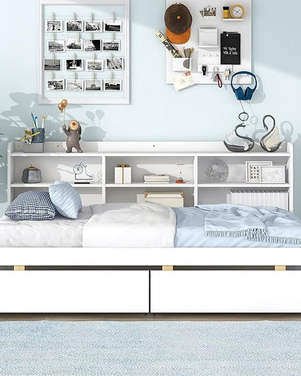 Twin Size Platform 2 Storage Drawers and Side Bookcase, Solid Wood Day Captain, Ideal Bed Frame for Bedroom, Living Room, White - LeafyLoom